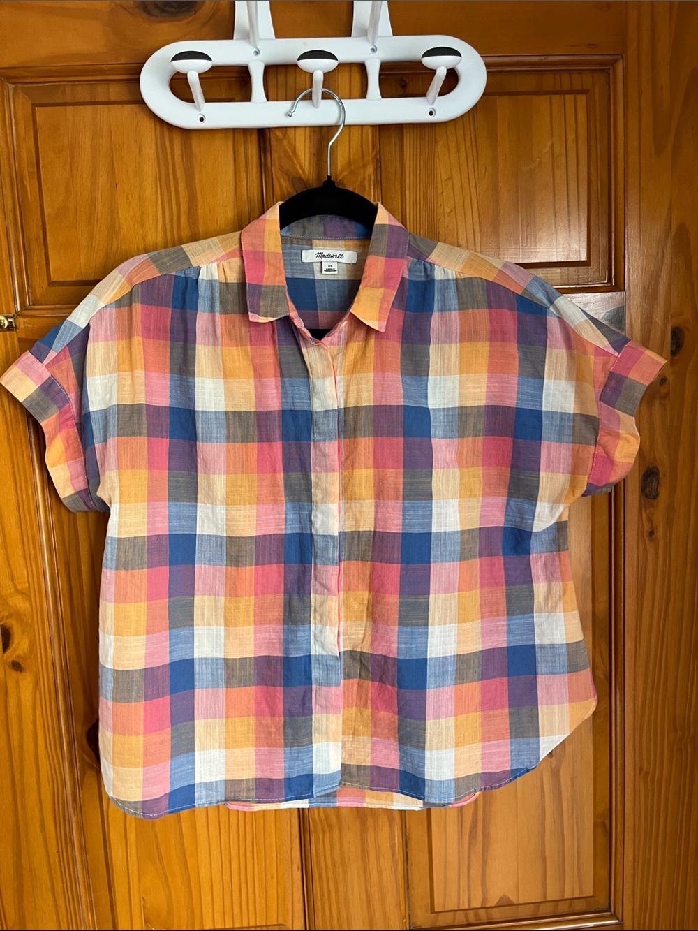 Madewell Pink, Blue, Yellow & Cream Plaid Short-Sleeve Button Shirt